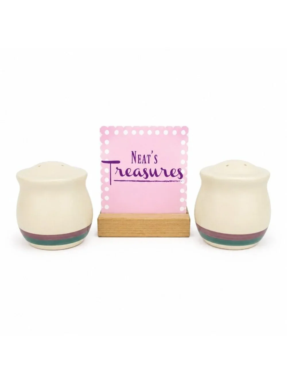 Pfaltzgraff JUNIPER Stoneware Green Mauve Bands 4 / 3 Salt Pepper Shaker Set 2